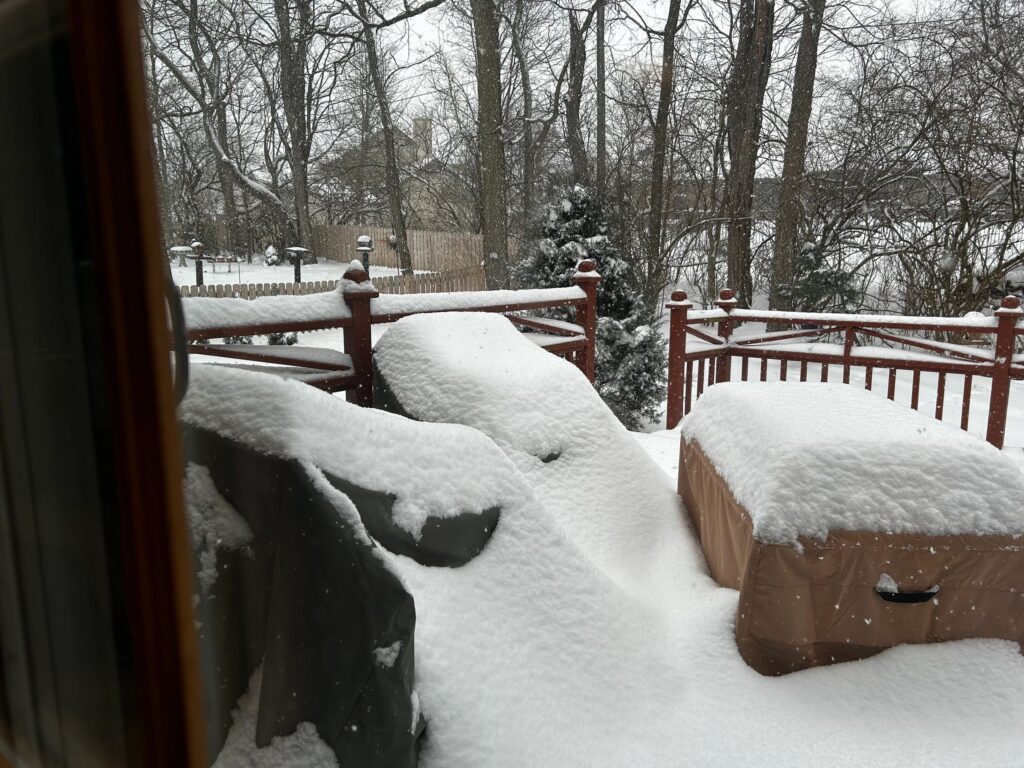 Snow-covered patio furniture and trees in a winter scene.