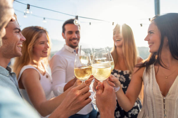 Friends toasting with wine at outdoor party